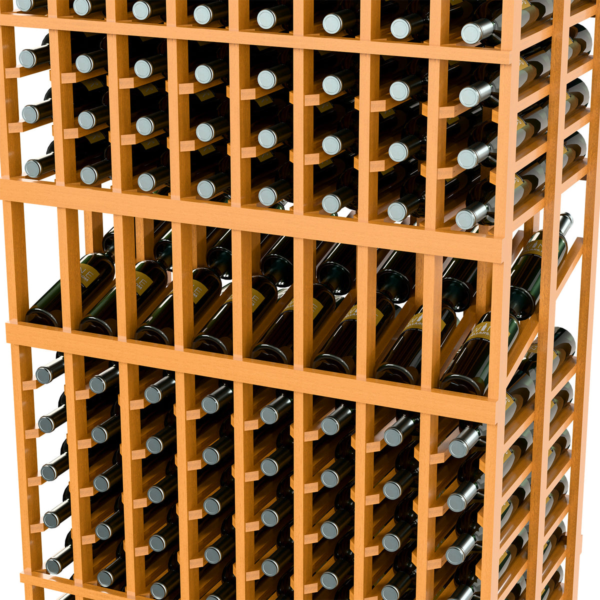 Close-up of natural wine rack with 8 columns and evenly spaced bottle slots