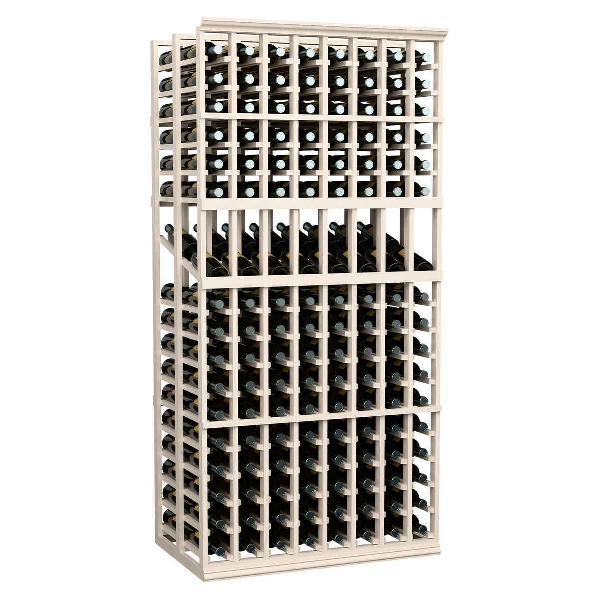 Double-deep 8-column wine display rack with white-washed wood frame and bottle slots