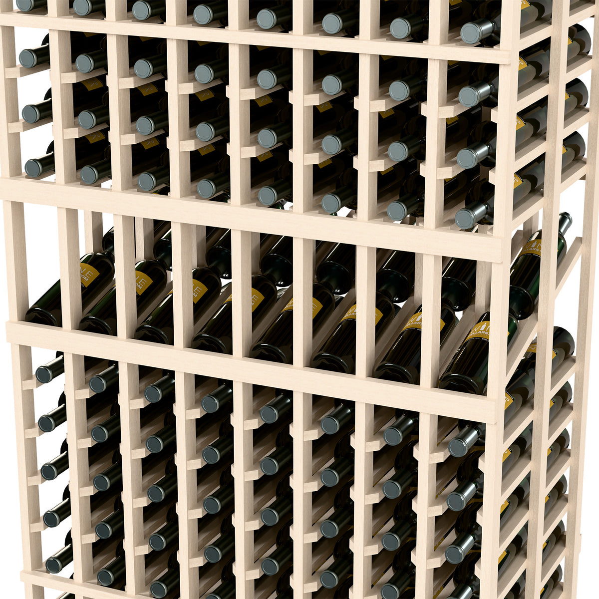 Close-up of white-washed wine rack with 8 columns and bottle storage slots
