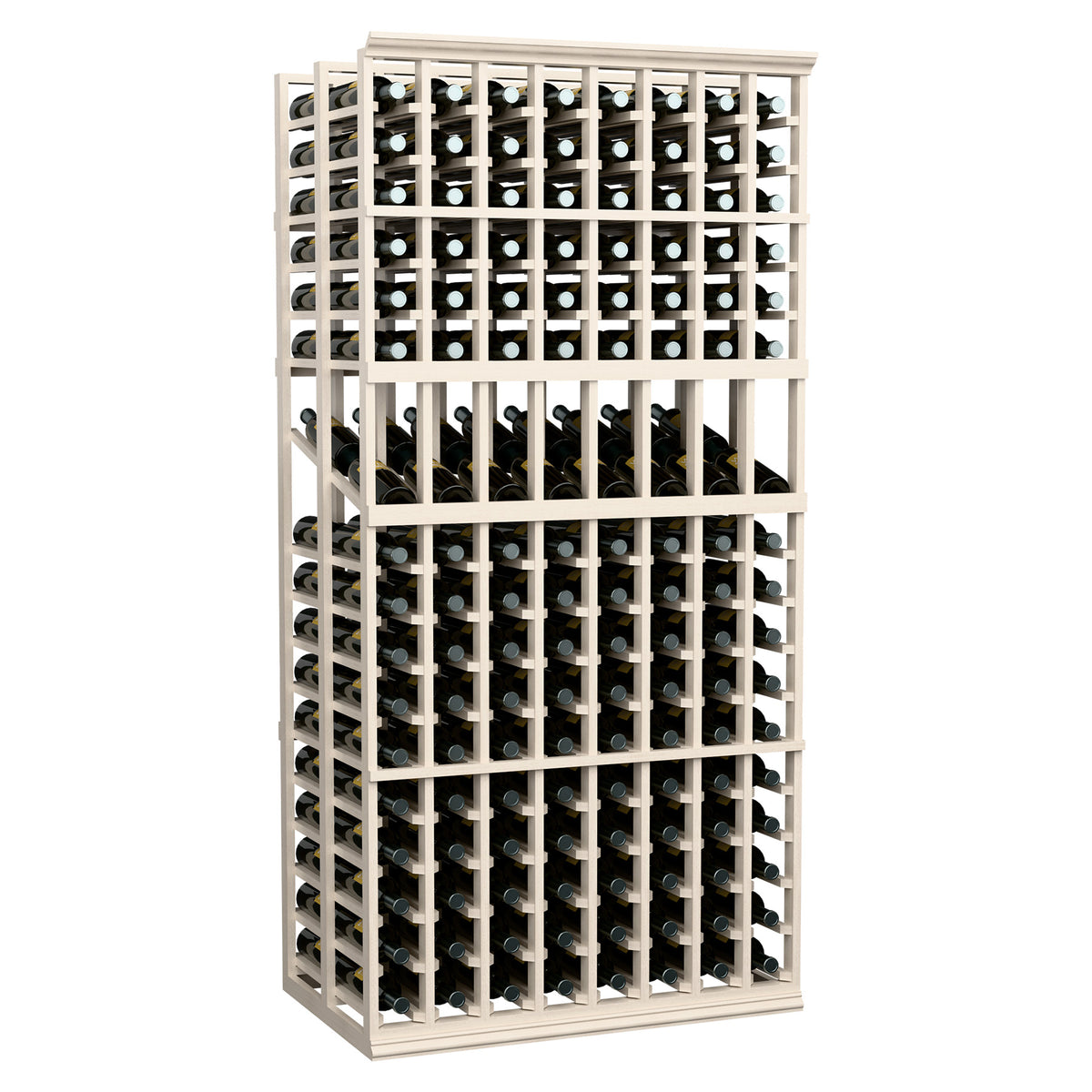 Double-deep 8-column wine display rack with light grey wood frame and bottle slots