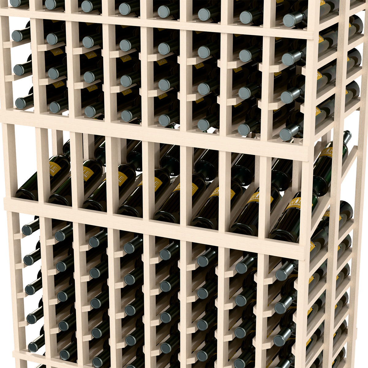 Close-up of grey wood wine rack showing 8 columns and bottle compartments