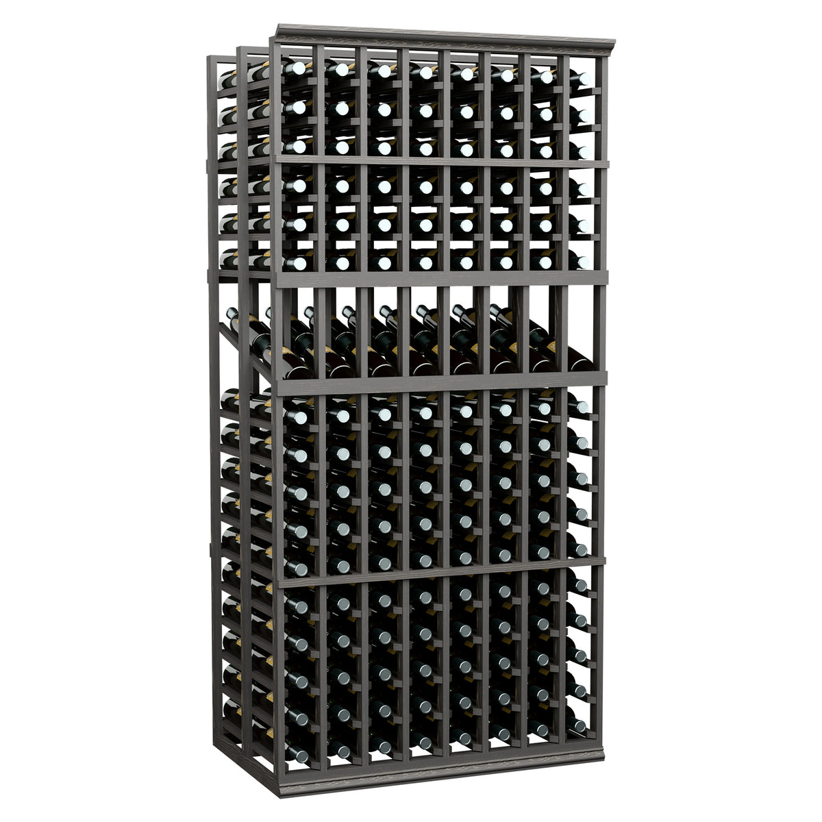 8-column double deep wine display rack with black frame and glass bottle holders
