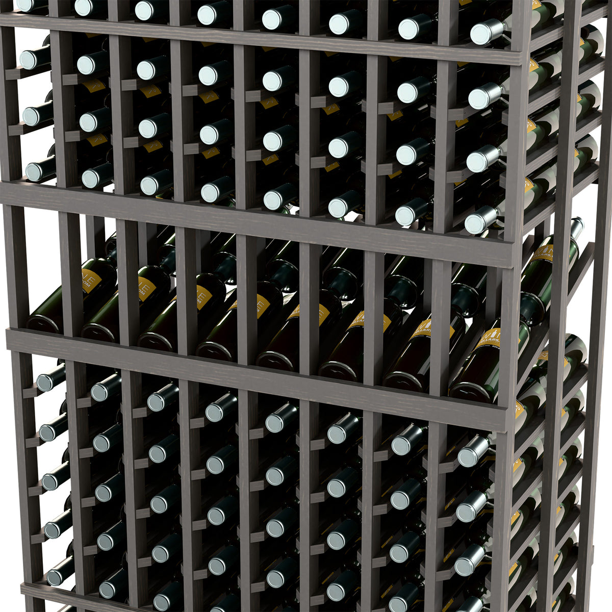 Close-up of black wine display rack with bottle neck holders and rows of bottles