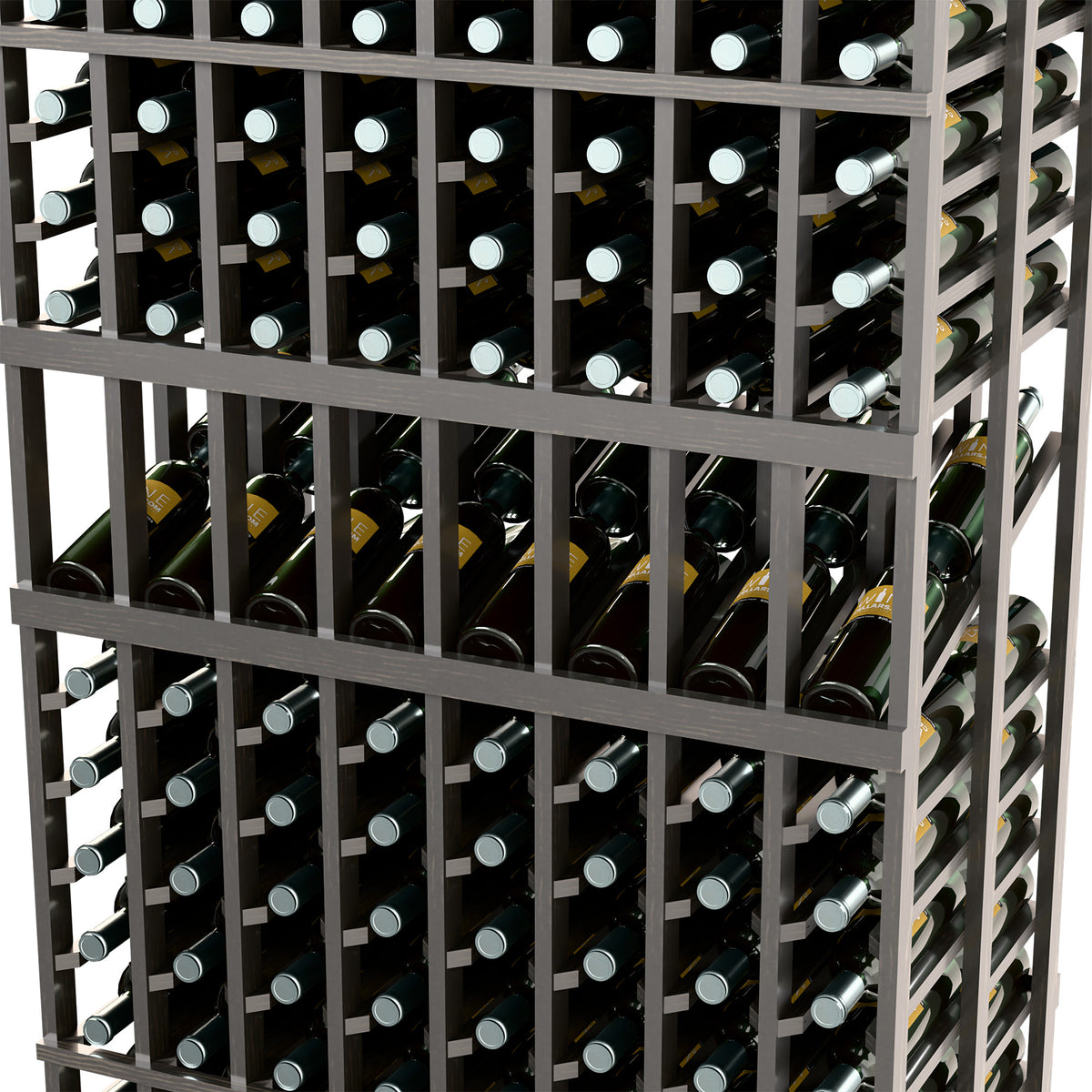 Close-up of black wine rack showing bottle storage cubbies and metal supports