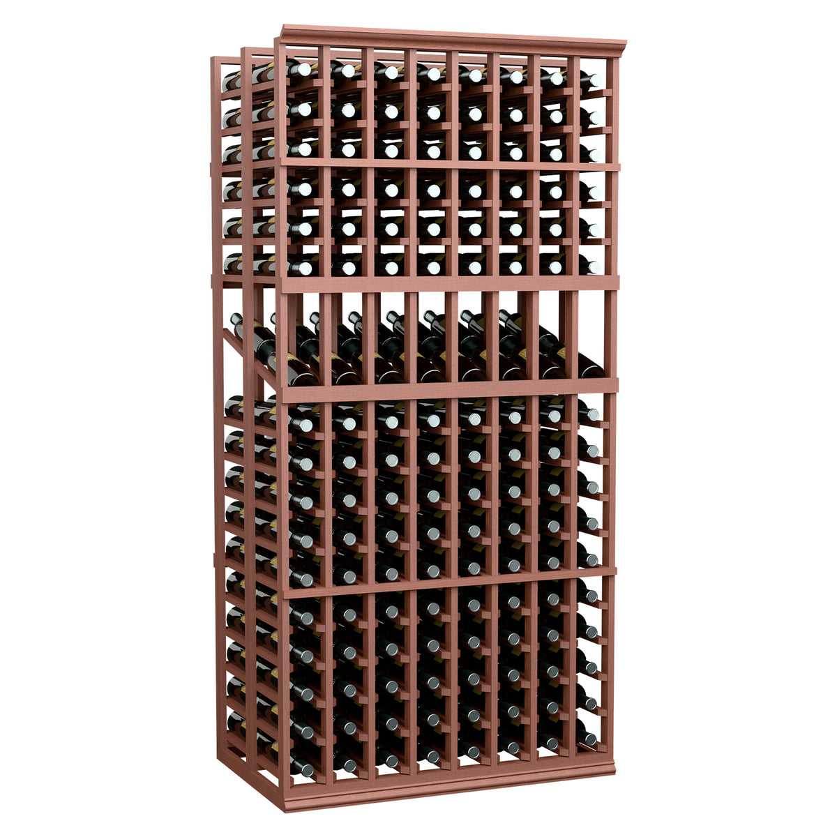 8-column double deep wine display rack with brown wood frame and bottle holders