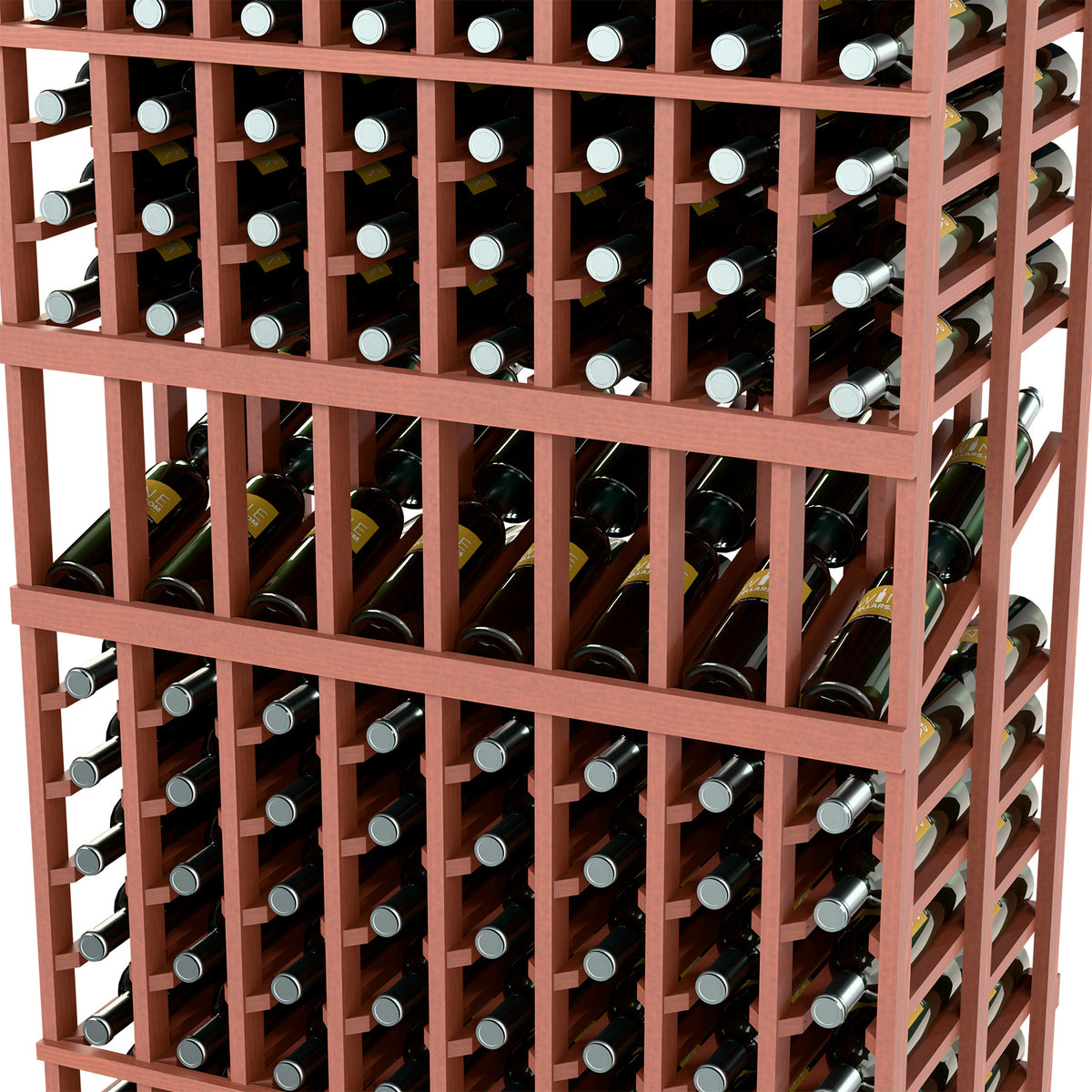 Close-up of brown wood wine rack with rows of bottles in vertical slots