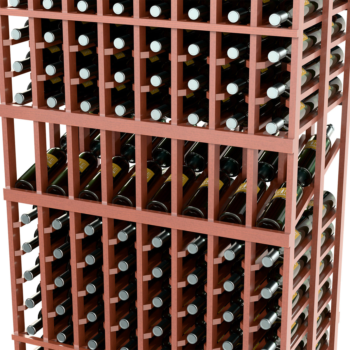 Close-up of brown wood wine rack showing bottle cubbies with silver bottle neck rings