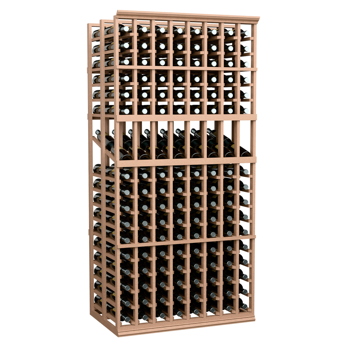 Brown wooden 8-column double deep wine display rack with front bottle slots