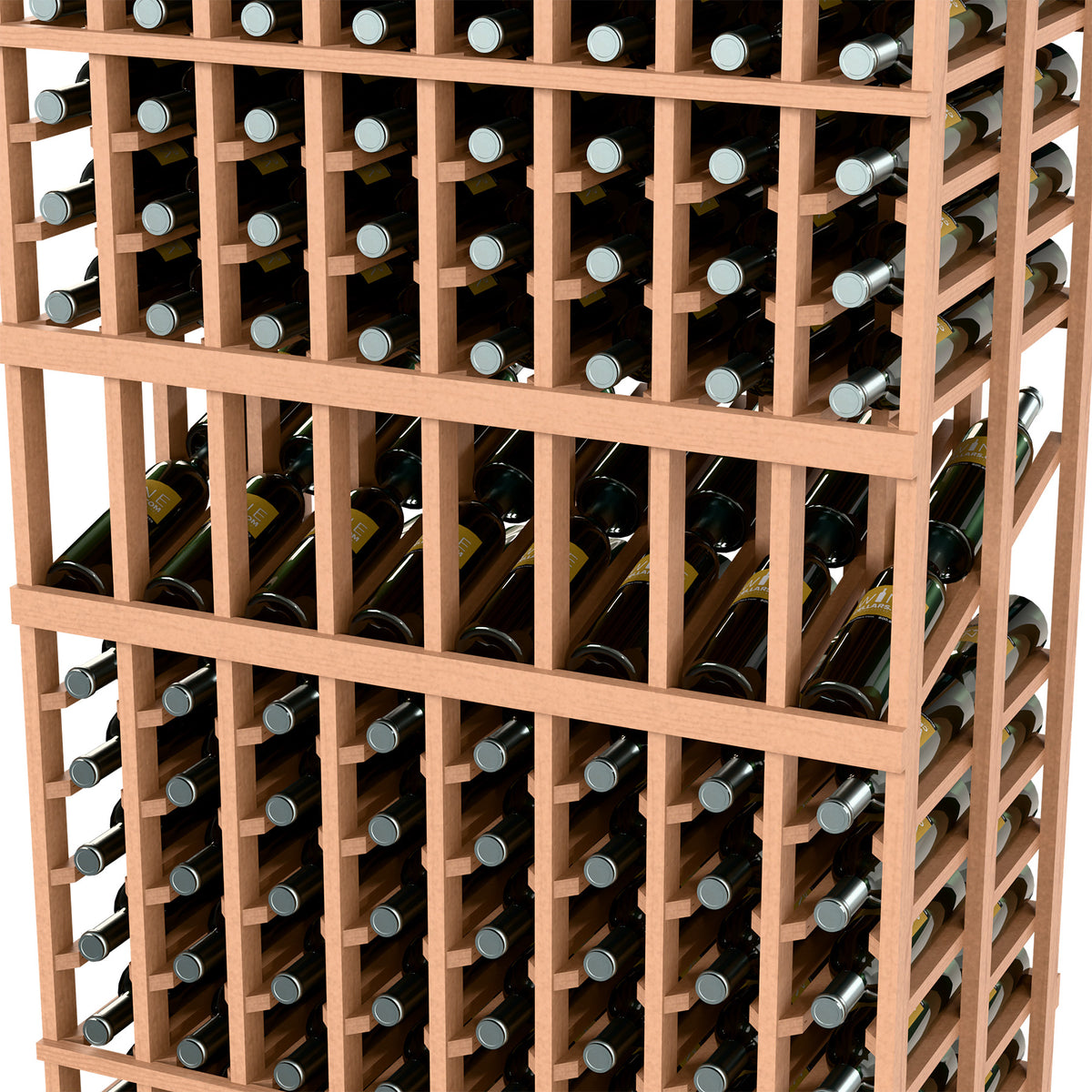 Close-up of brown wood wine rack with tightly packed rows of wine bottles