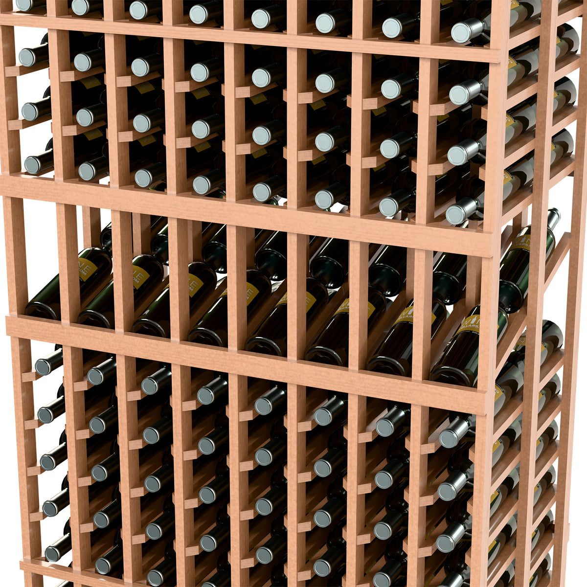 Light wood wine display rack close-up showing bottle slots and divider rails