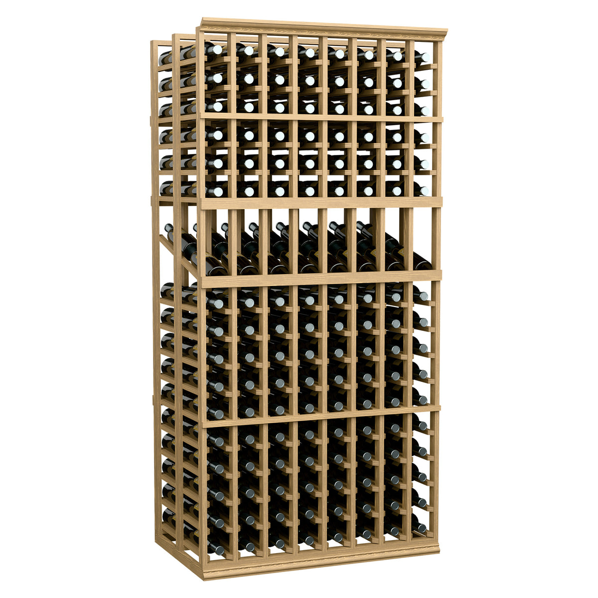 Light wood double wine display rack with 8 columns and bottle cubbies, front view