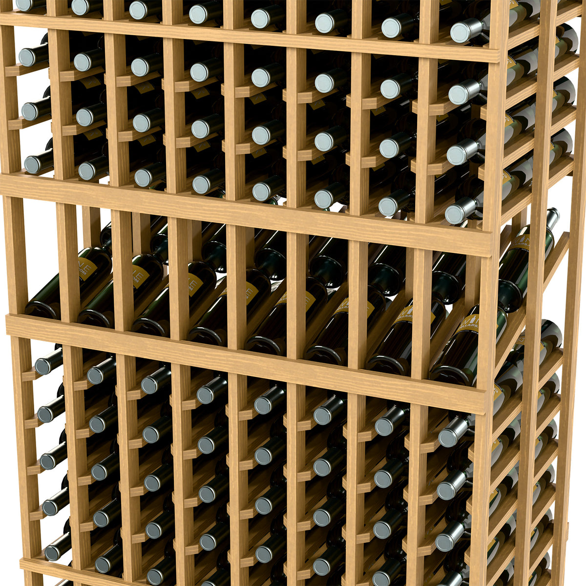 Light wood wine display rack close-up with rows of wine bottles in cubbies