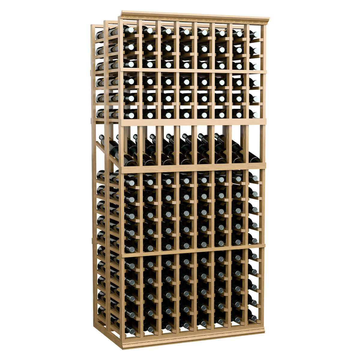 Light wood double wine display rack with 8 columns and bottle cubbies, full rack view