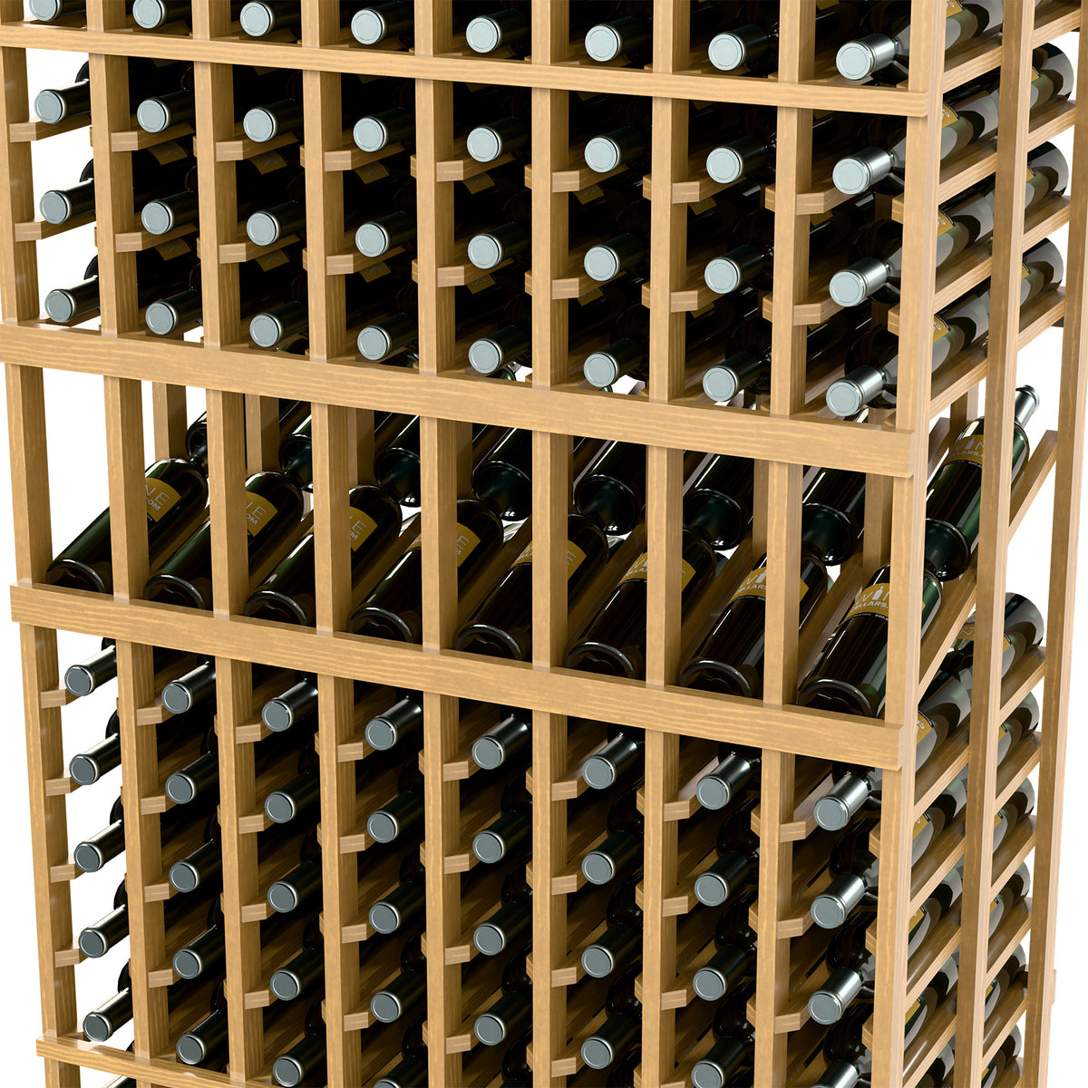 Light wood wine display rack close-up showing bottle openings and metal caps