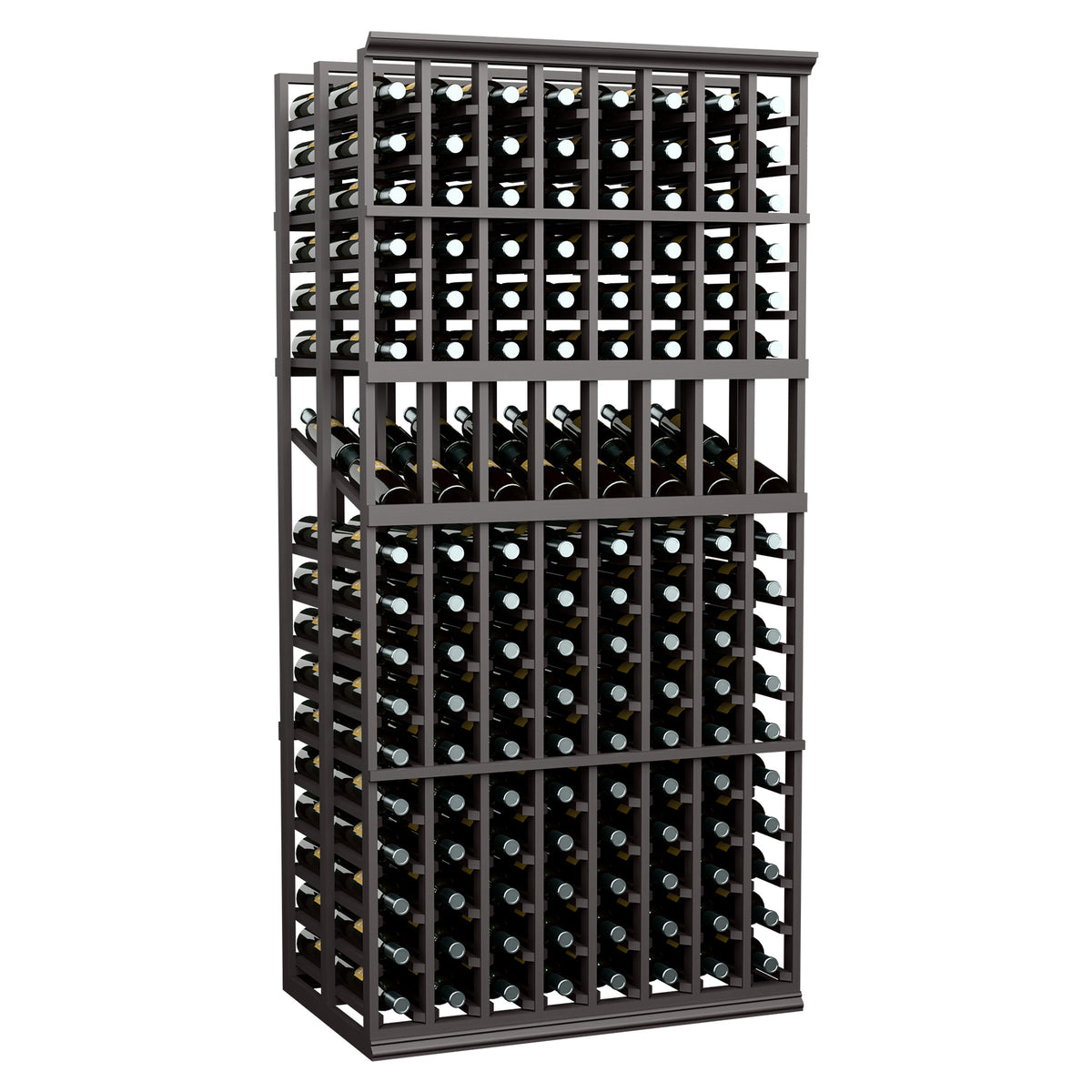 Dark wood double wine display rack with 8 columns and bottle cubbies, front view