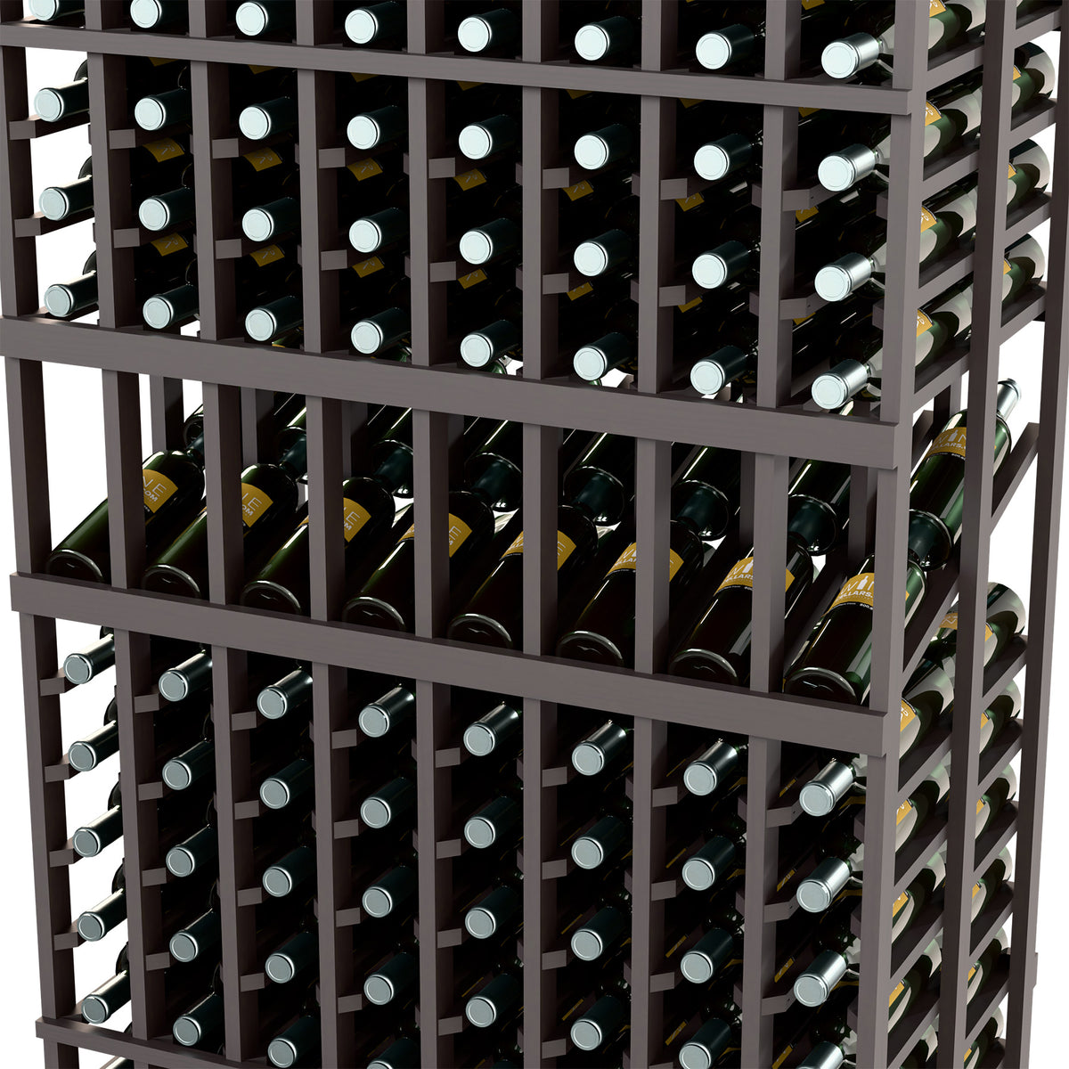 Dark wood wine display rack close-up with wine bottles seated in cubbies
