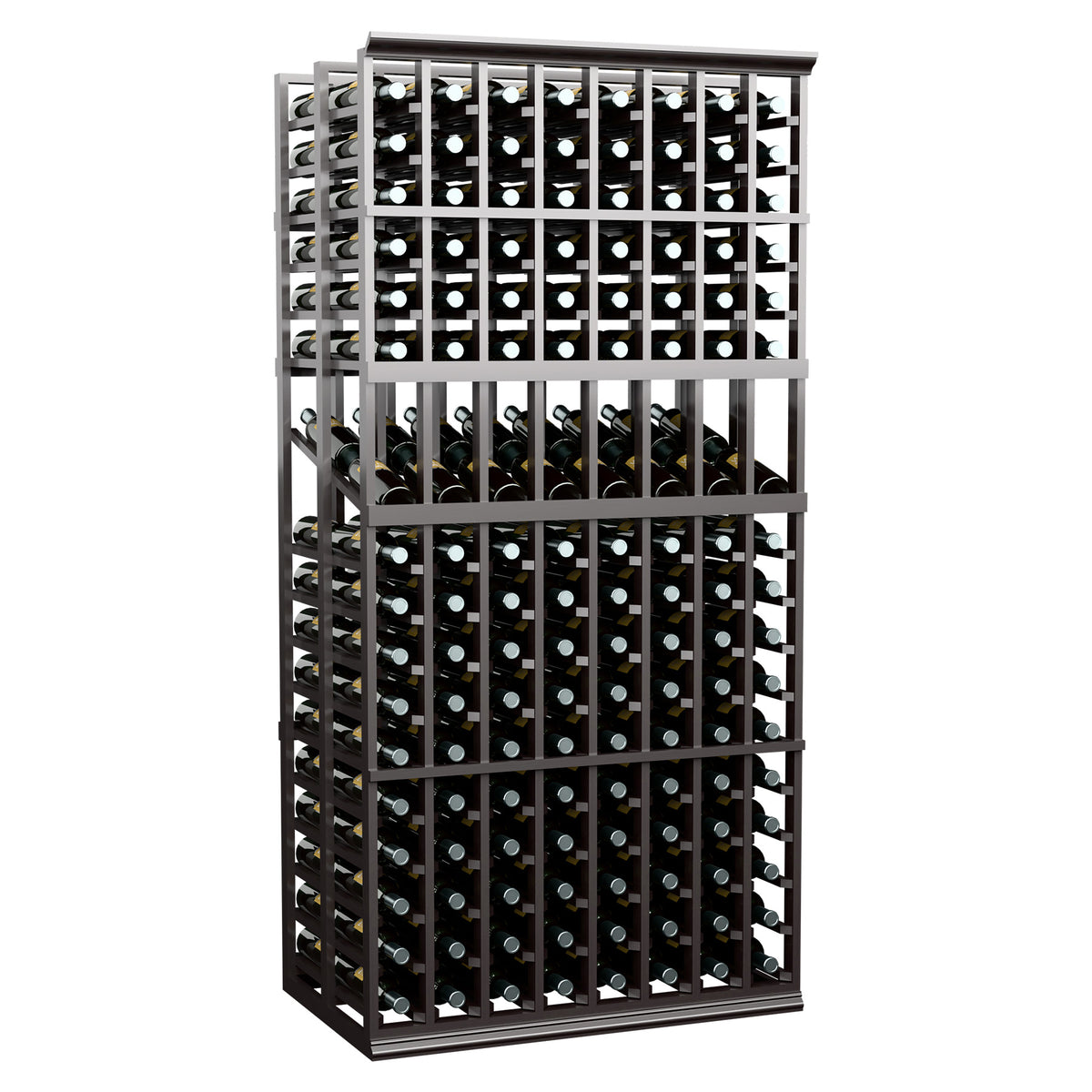 Dark wood double wine display rack with 8 columns and bottle cubbies, full rack view