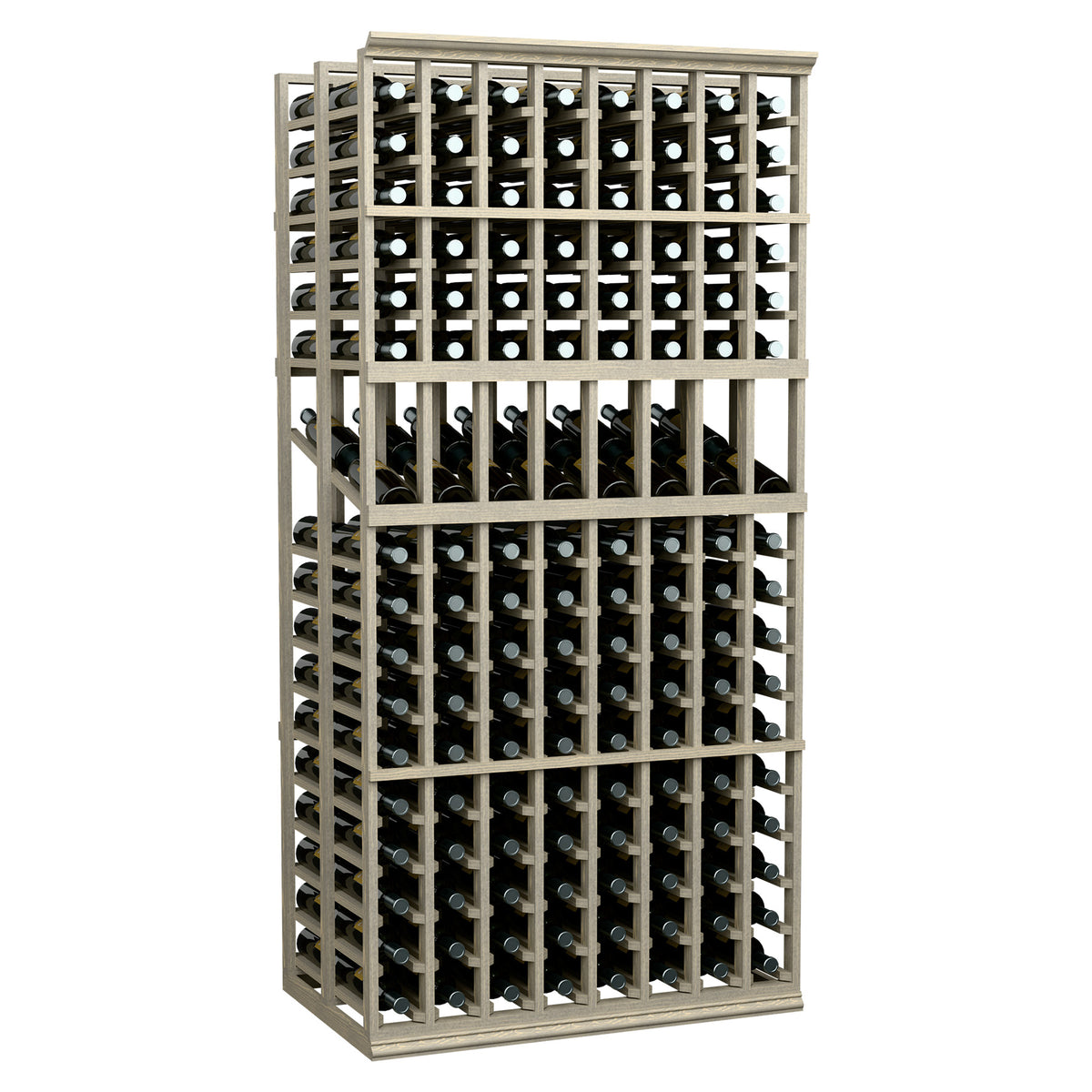 Wine bottle display rack with 8 columns, double-deep, dark frame, grid bottle slots
