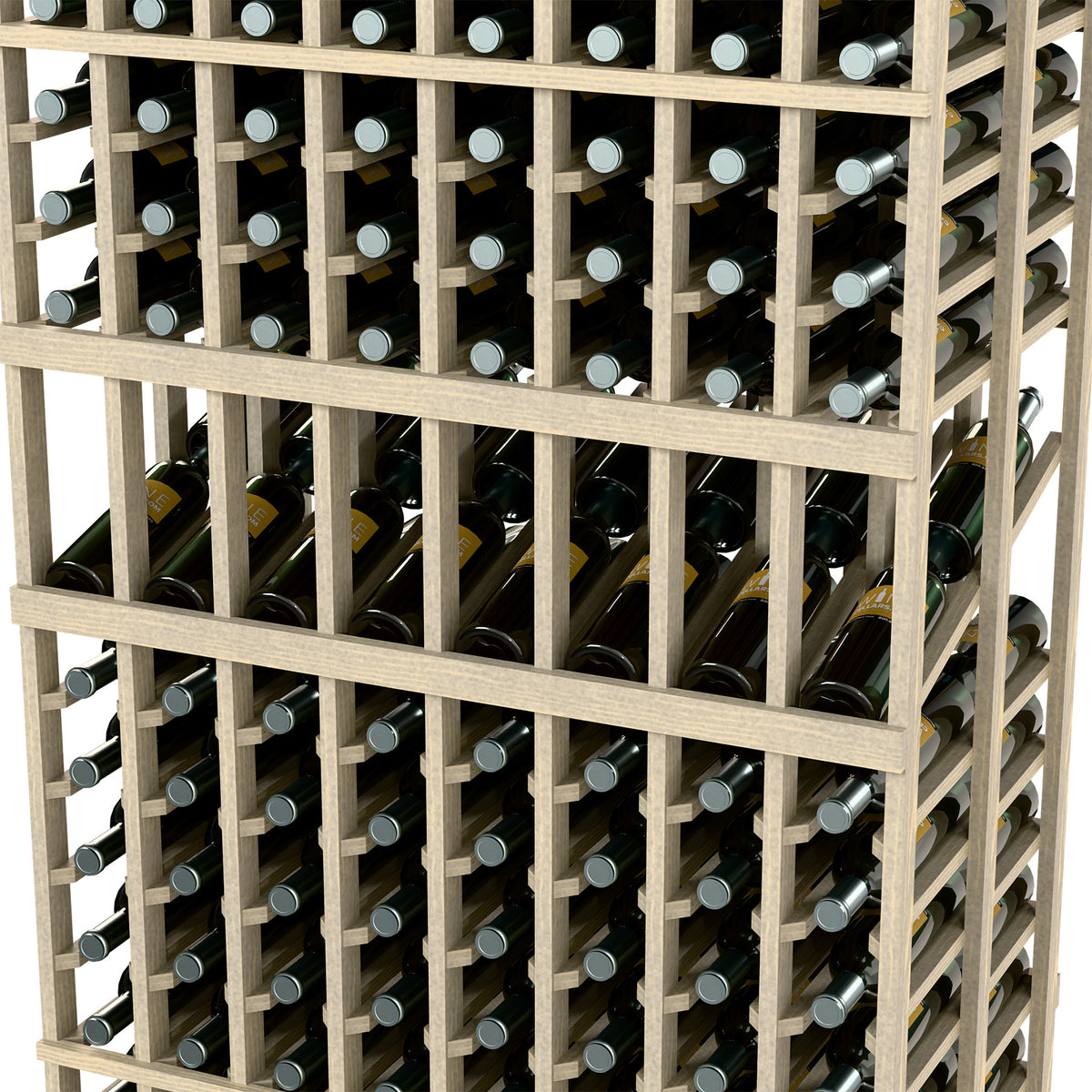 Wine bottle display rack with 8 columns, double-deep, light wood frame, bottle rows