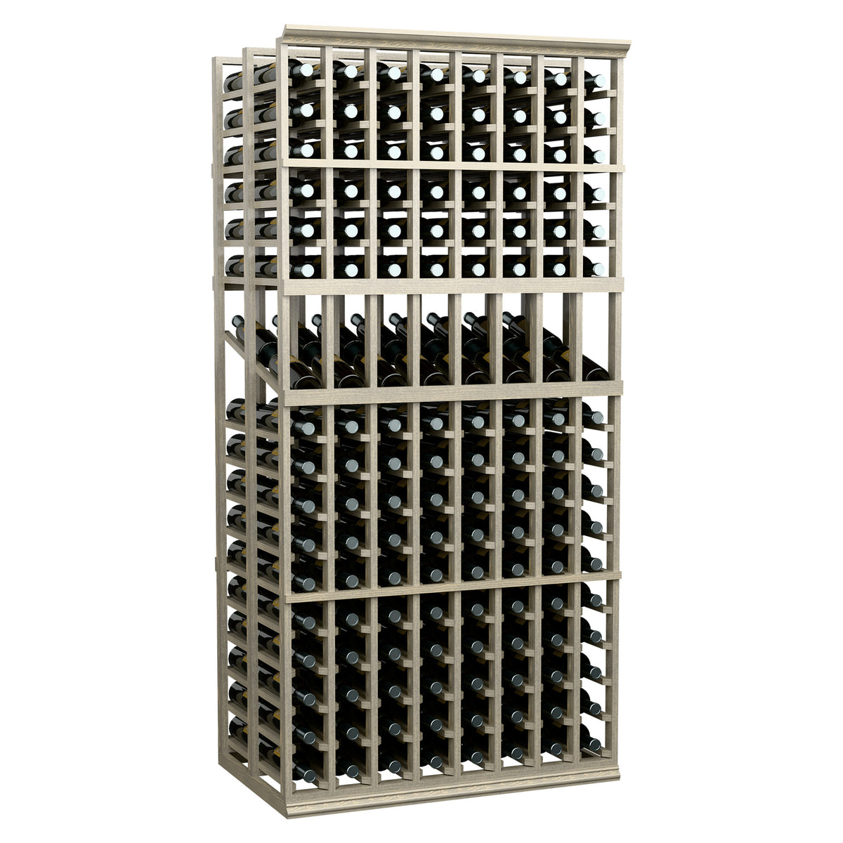 Wine bottle display rack with 8 columns, double-deep, dark frame and two bottle levels