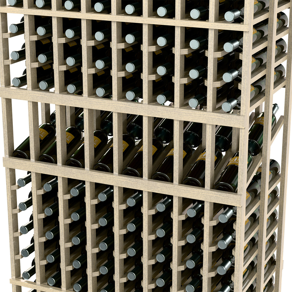 Wine bottle display rack close-up: 8 columns, double-deep, light frame with bottle holders