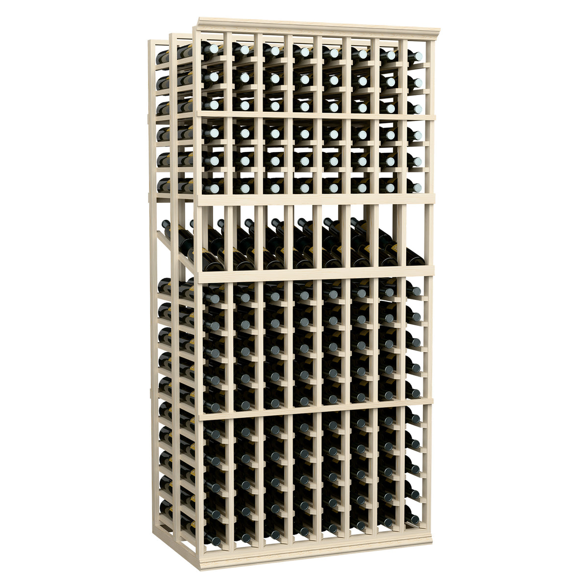Wine bottle display rack with 8 columns, double-deep, light-gray frame, front bottle grid