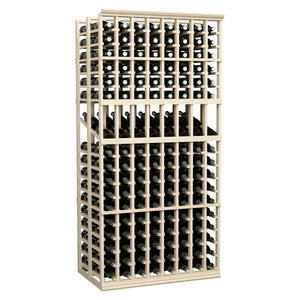Wine bottle display rack with 8 columns, double-deep, light-gray frame, front bottle grid