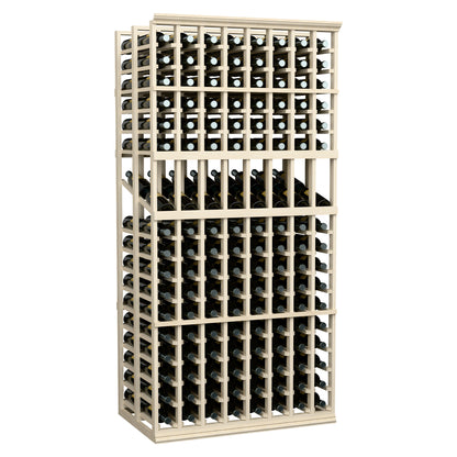 Wine bottle display rack with 8 columns, double-deep, light-gray frame, front bottle grid