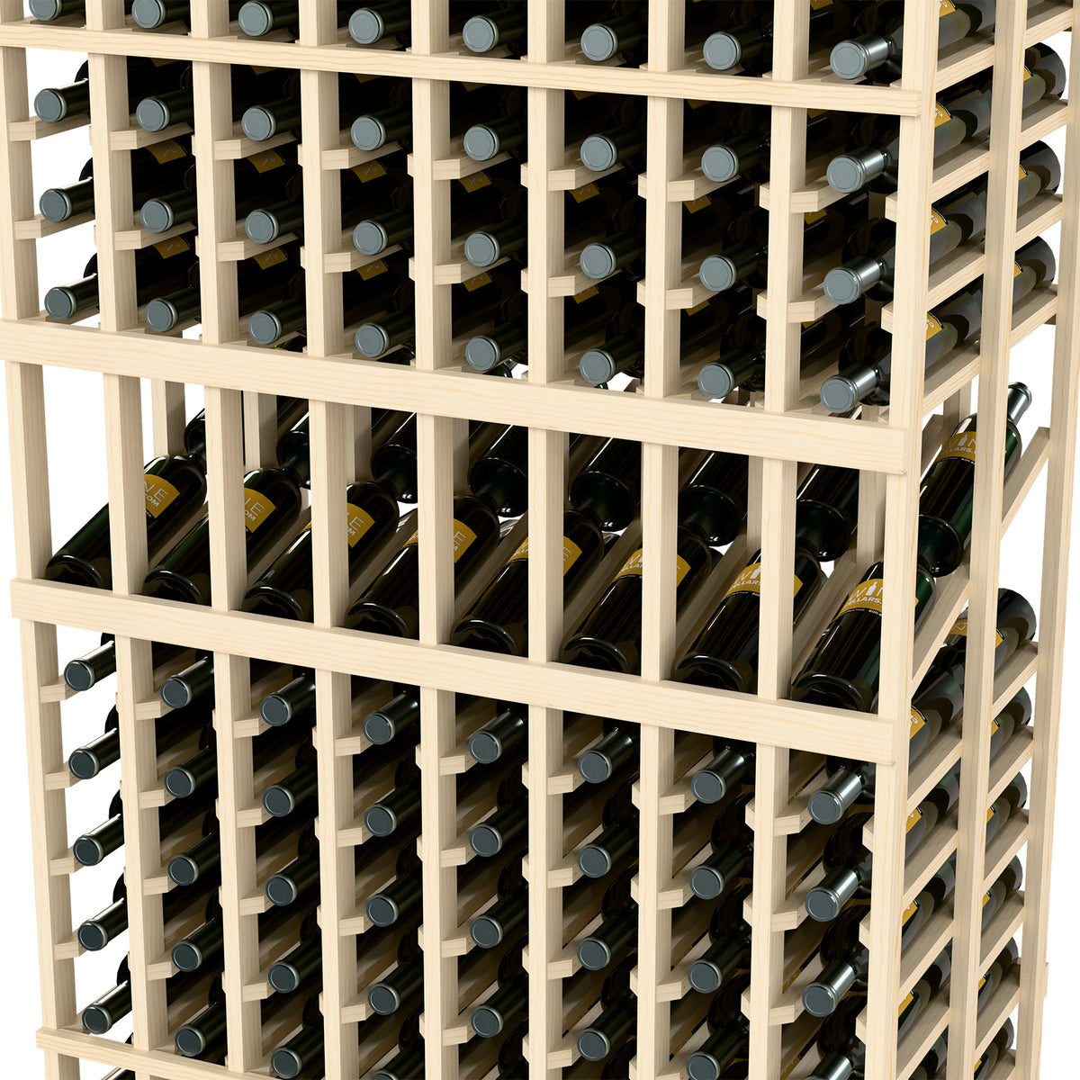 Wine bottle display rack close-up: 8 columns, double-deep, light frame, front bottle slots