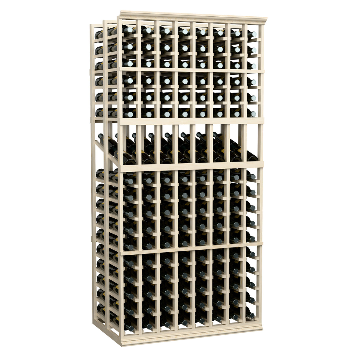 Wine bottle display rack with 8 columns, double-deep, dark frame, front view of bottle rows