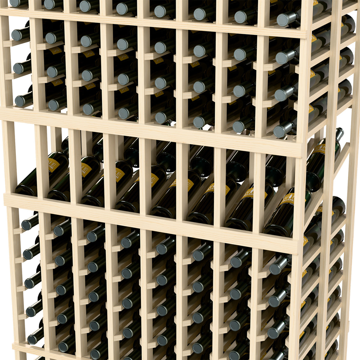 Wine bottle display rack close-up: 8 columns, double-deep, light frame with bottle neck holes