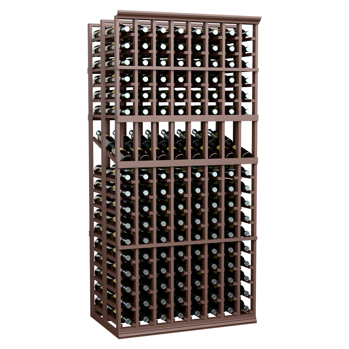 Wine bottle display rack with 8 columns, double-deep, brown wood frame, two-depth storage
