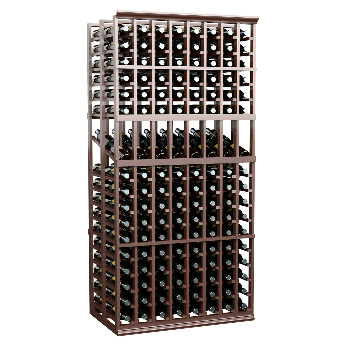 Wine bottle display rack with dark wood frame and grid-style bottle holders