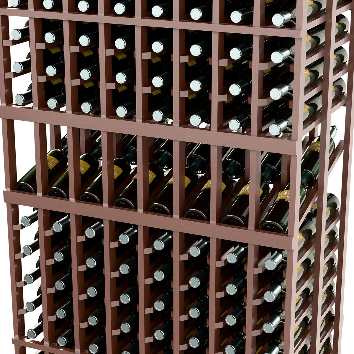 Wine bottle display rack close-up of dark wood grid with bottles stored