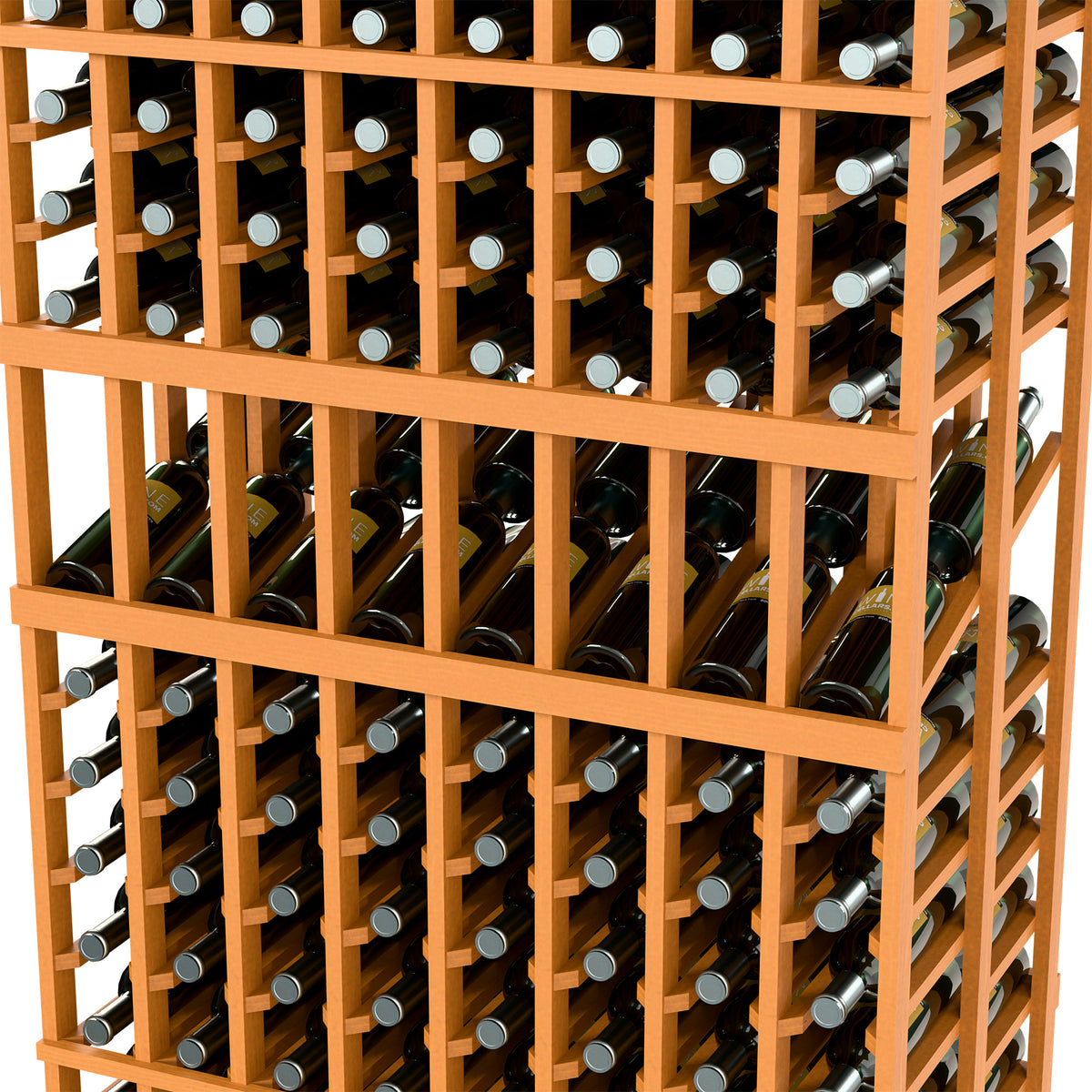 Wine bottle display rack close-up of light wood grid with bottles stored