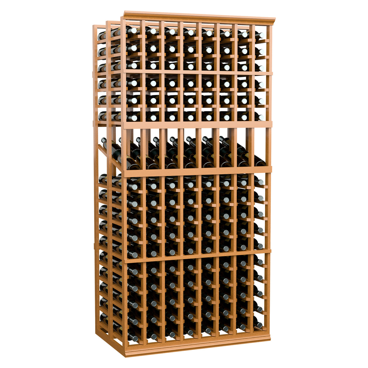 Wine bottle display rack with light wood frame and grid-style bottle holders