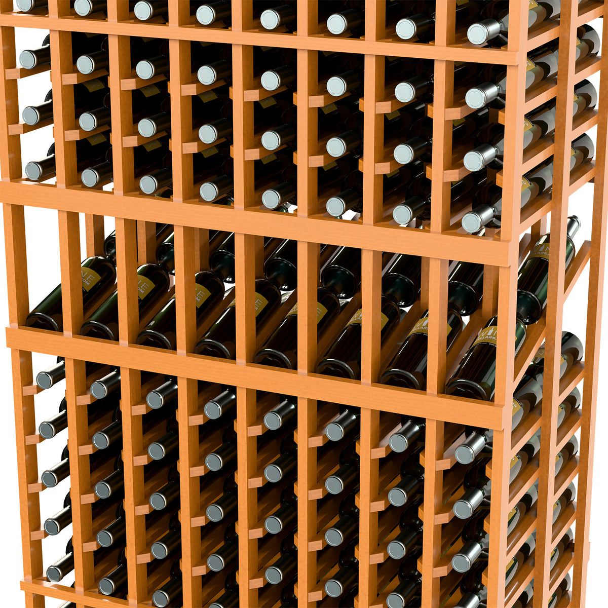 Wine bottle display rack close-up of light wood grid with bottles stored