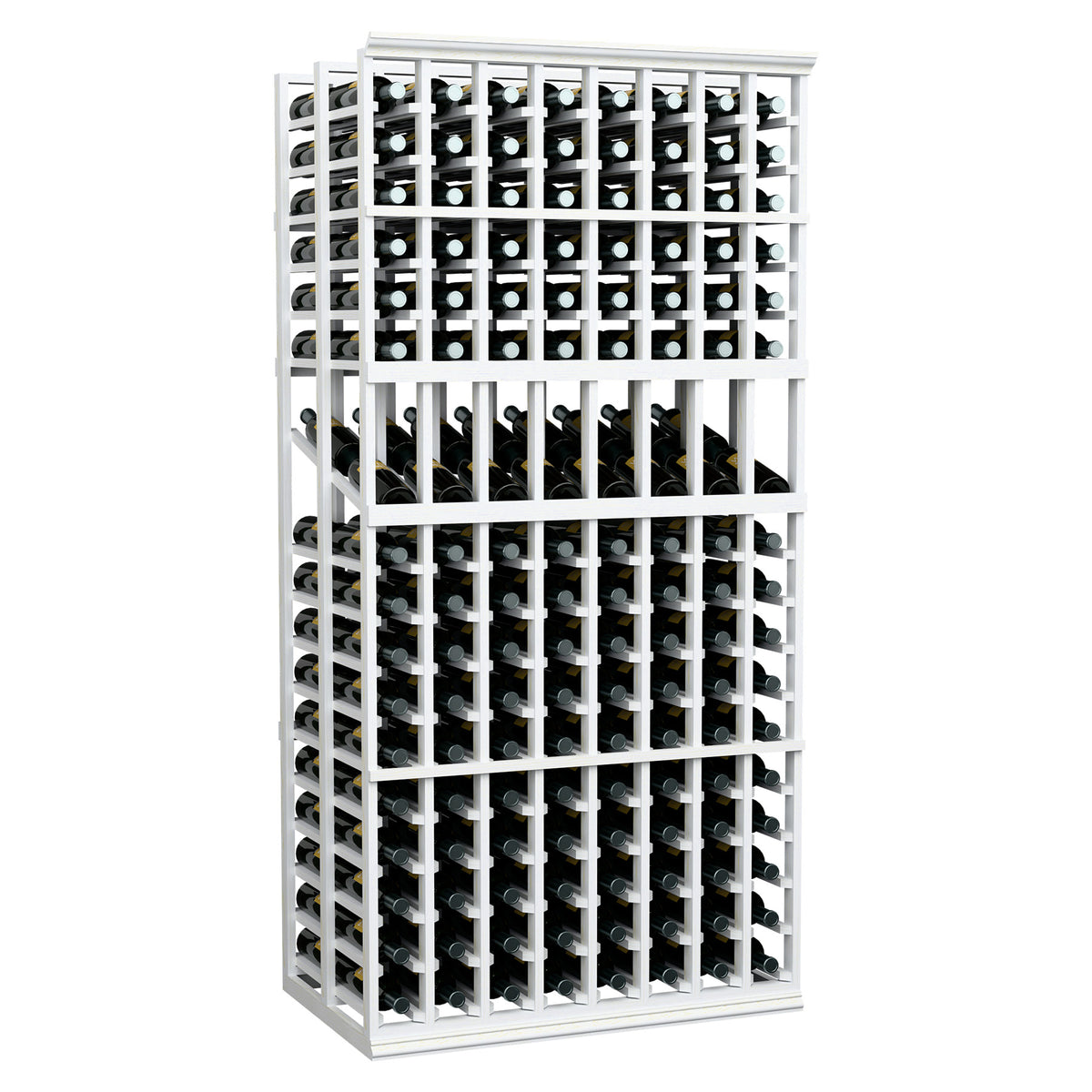 Wine bottle display rack with white frame and grid-style bottle holders