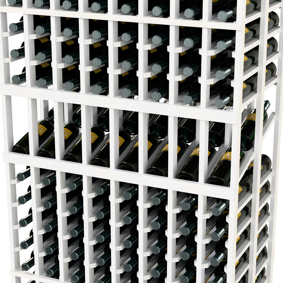 Wine bottle display rack close-up of white grid with bottles stored