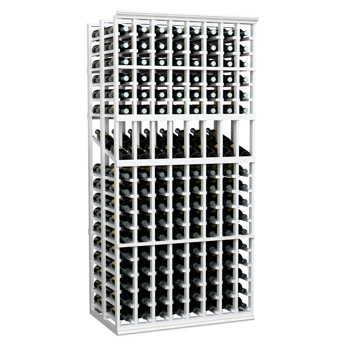 Wine bottle display rack with white frame and grid-style bottle holders