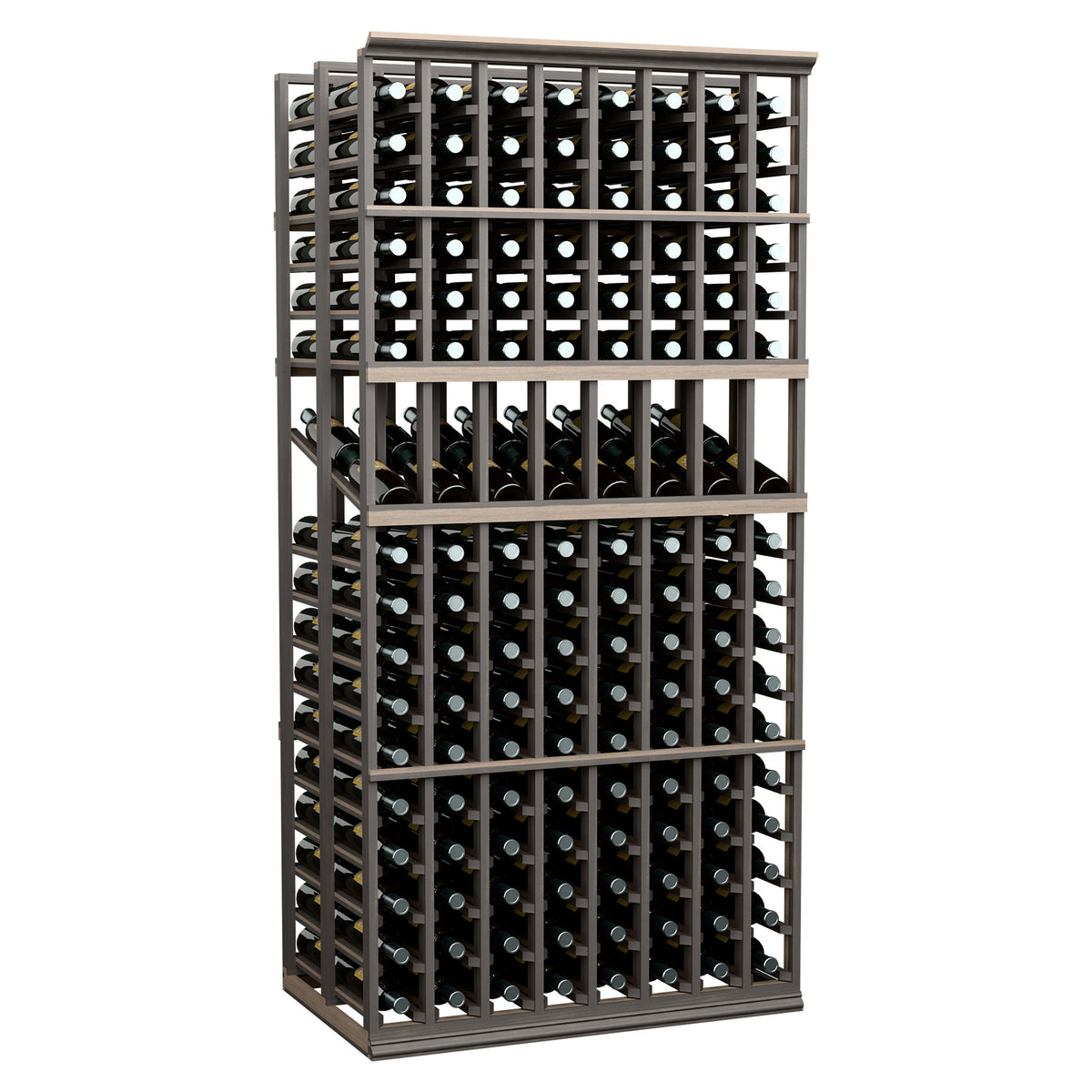 Wine display rack with dark frame, double-deep 8-column bottle grid for a 6 ft space