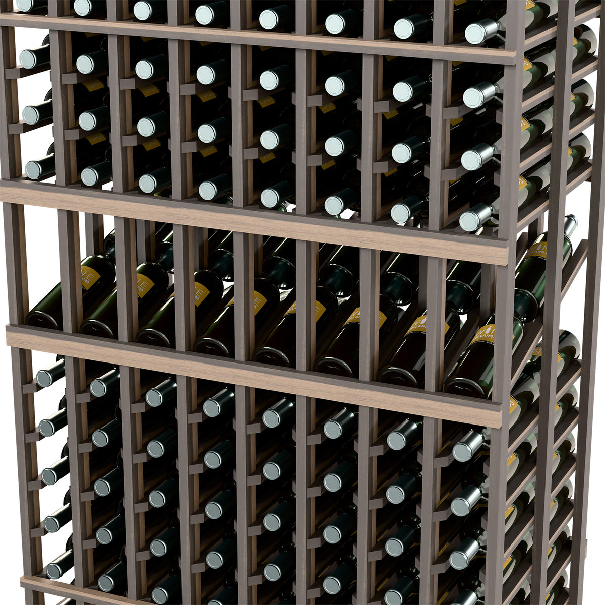 Close-up of dark wine rack: double-deep bottle rows with circular holder pegs