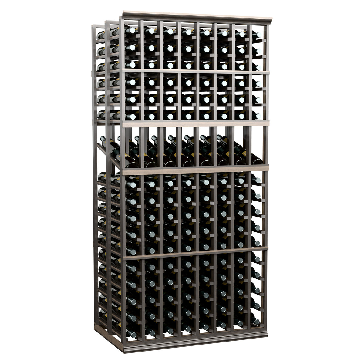 Wine display rack with dark frame, double-deep 8-column bottle grid with open sides