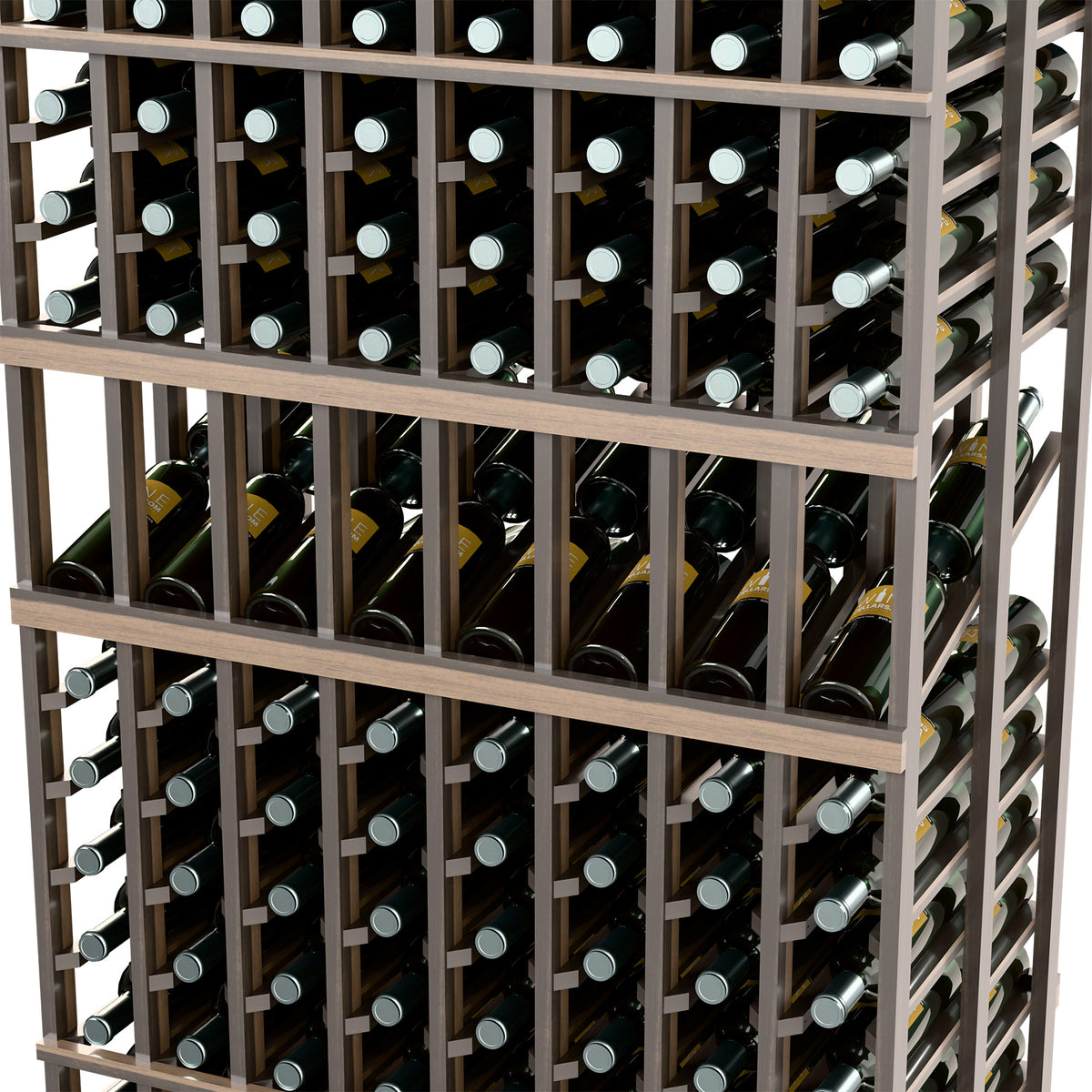 Close-up of dark wood-toned wine rack with double-deep bottle holders and divider rails
