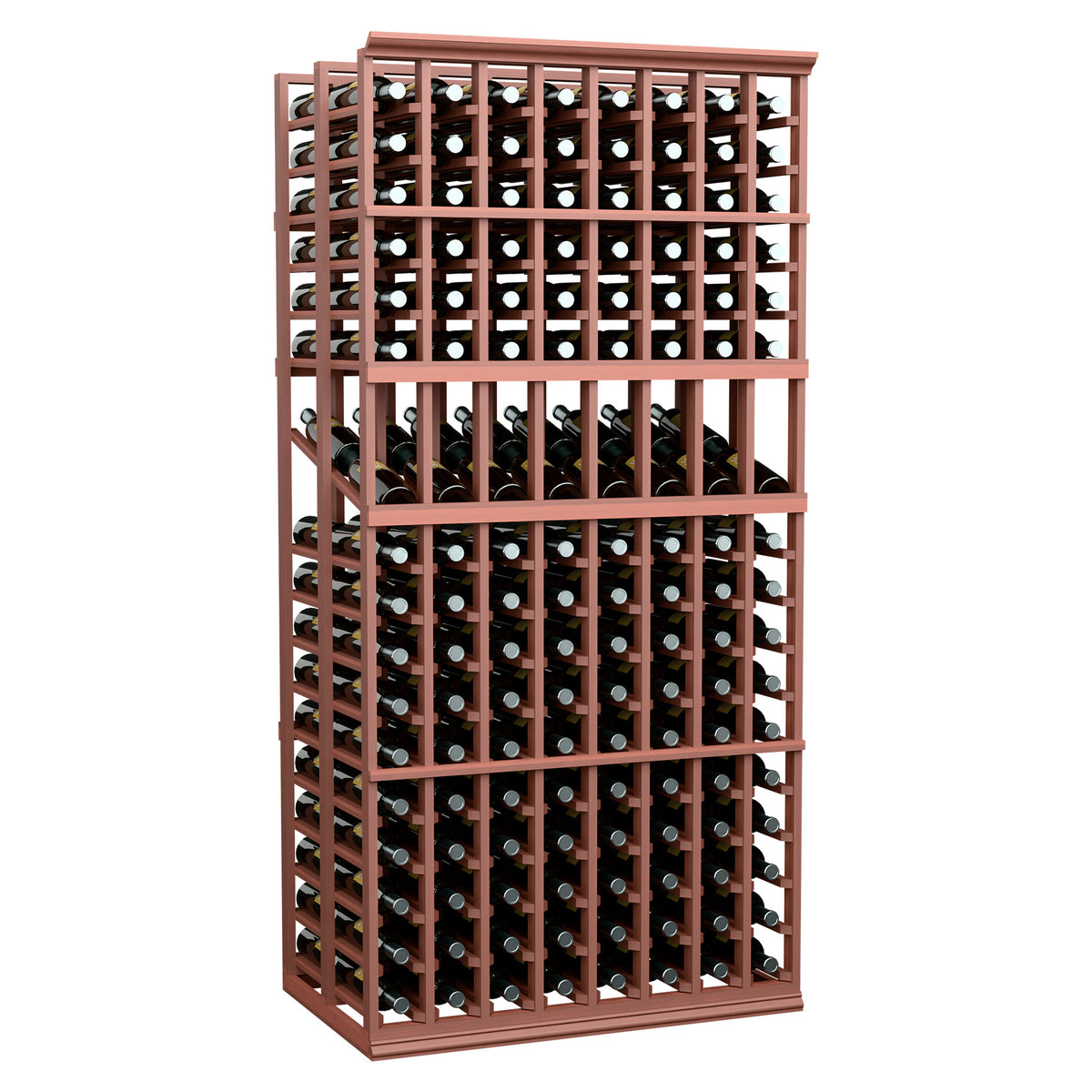 Wine display rack with wood-toned frame, double-deep 8-column bottle grid for 6 ft