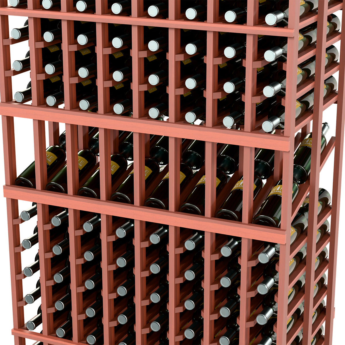 Close-up of wood-toned wine rack: double-deep bottle rows with circular holder pegs