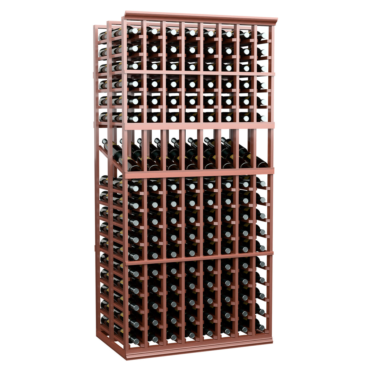 Wine display rack with wood-toned frame, double-deep 8-column bottle grid with side supports