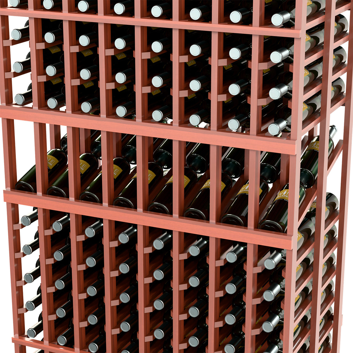 Close-up of wood-toned wine rack with double-deep bottle holders and horizontal rails