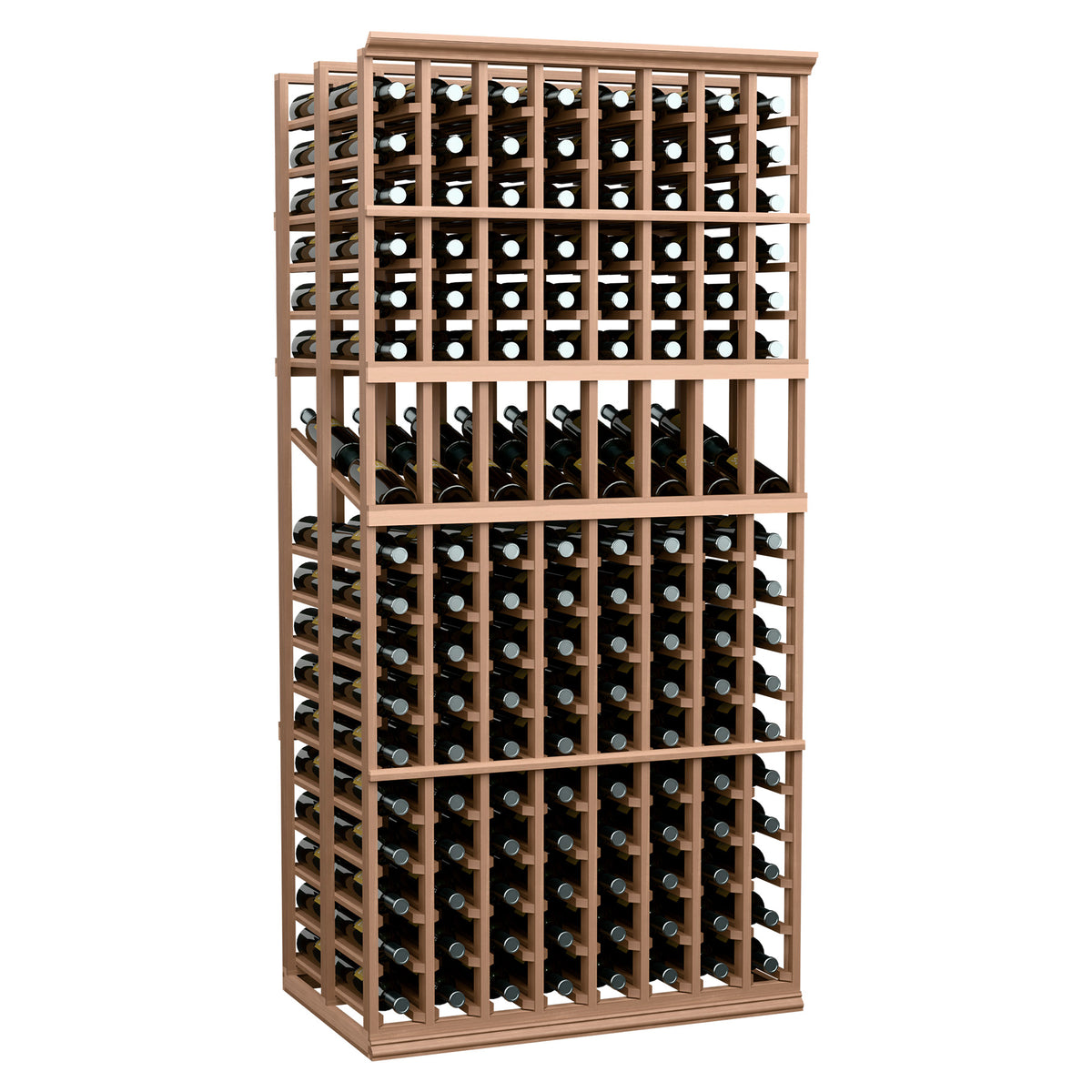 Wine display rack with warm wood-toned frame, double-deep 8-column bottle grid for 6 ft
