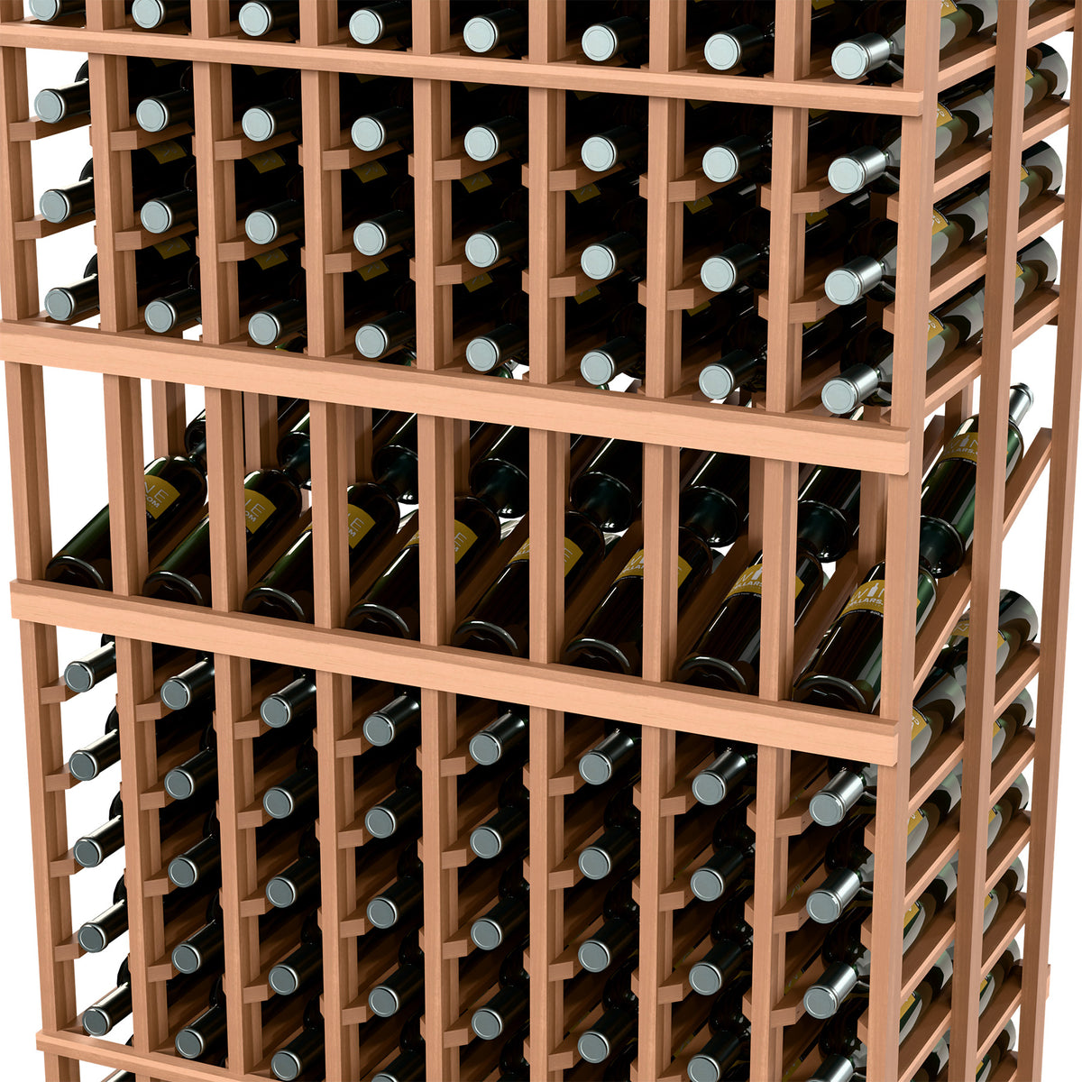 Close-up of warm wood-toned wine rack: double-deep bottle rows with peg holders